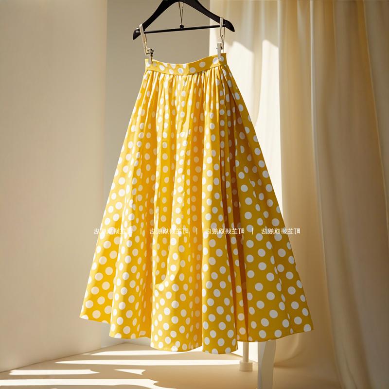 超仙女森系小个子高腰显瘦垂感a字裙别致独特黄色波点半身裙秋季