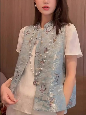 新中式中国风蓝色宋锦高端马甲上衣女夏款2024新款小个子短款马夹