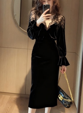 出席重要场合的裙子轻熟法式气质掐腰蕾丝拼接黑色丝绒连衣裙女秋
