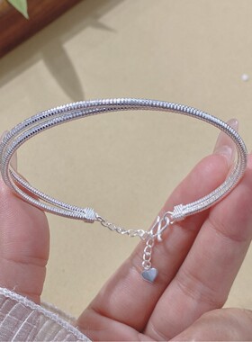 新款爆闪双线纯银手镯女足银9999七夕情人节生日礼物送女友