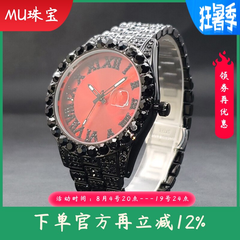 新款 跨境高端时尚大气罗马满钻表盘日历防水夜光男士女士手表