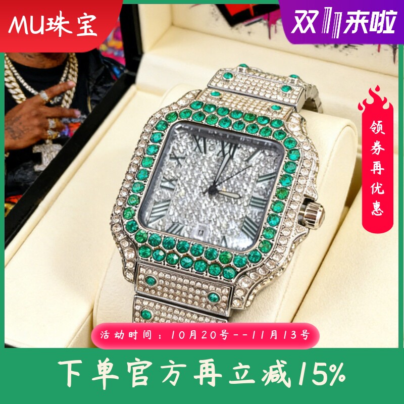 新款时尚欧美风罗马刻度手表 奢华嘻哈手表 多色镶钻满钻方形男表