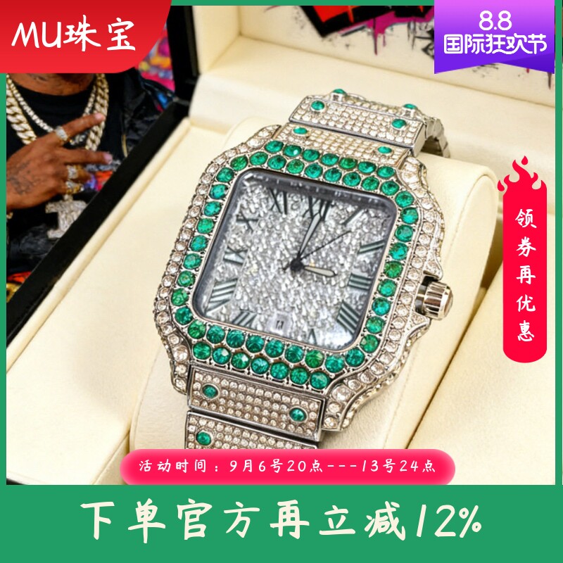 新款时尚欧美风罗马刻度手表 奢华嘻哈手表 多色镶钻满钻方形男表