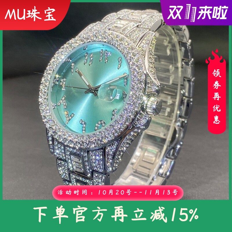 新款满钻爆款男士石英手表跨境圆形铂金色夏天时尚