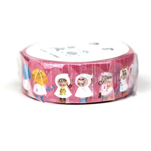 浮光分装 日本如竹堂 粉色下雨天 可爱白墨小人手帐胶带