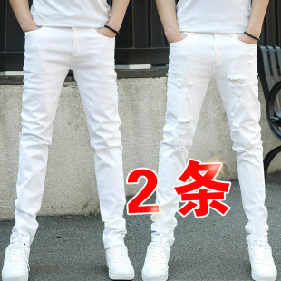 浅色白裤子弹力休闲冬季牛仔裤男加绒白色破洞潮流修身小脚长裤子
