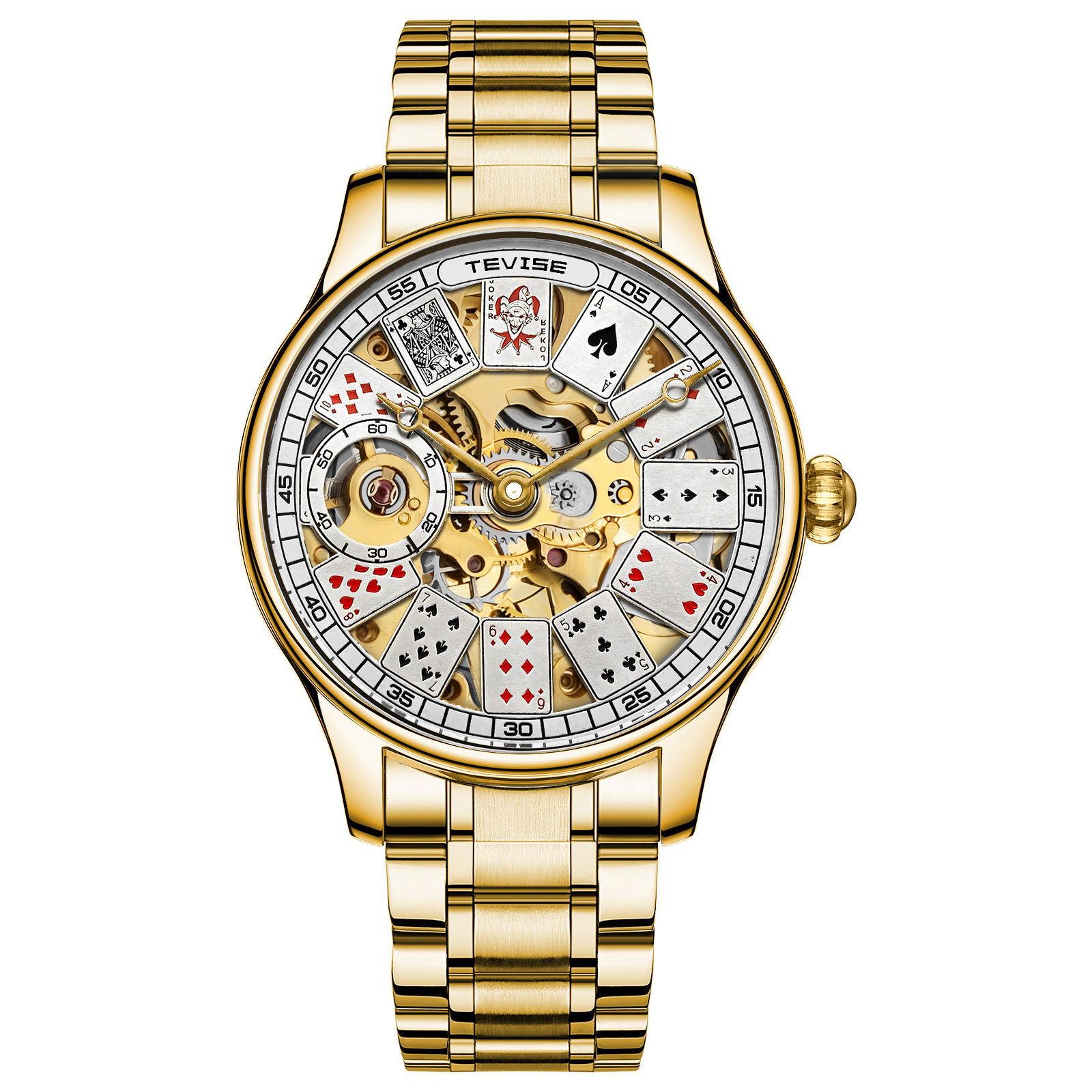 特威斯TEVISE创意扑克镂空时尚休闲大表盘自动机械钢带国产男腕表