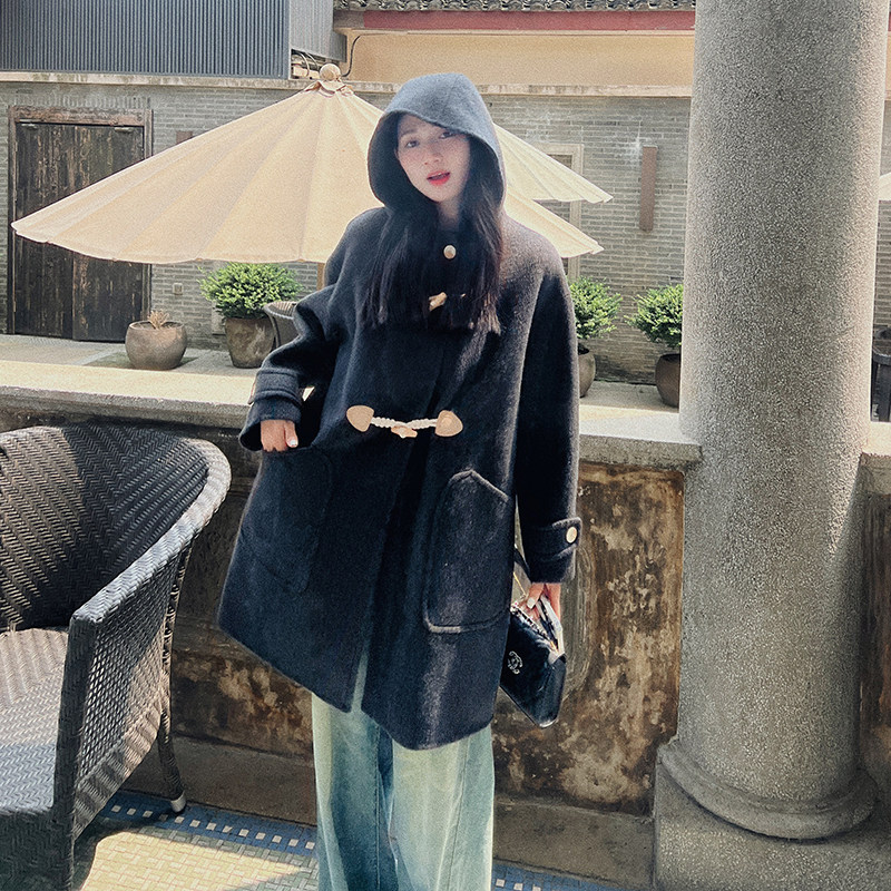 2023新款两色连帽牛角扣双面呢大衣2385-P270控368+,女装毛呢外套,浙宝268（原浙宝222）