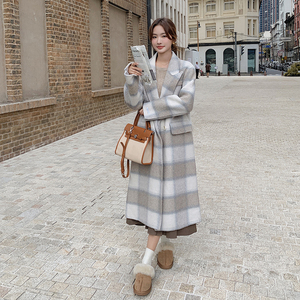 2023新款格子过膝双面呢大衣2372-P300-控398+，女装毛呢外套，浙宝268（原浙宝222）