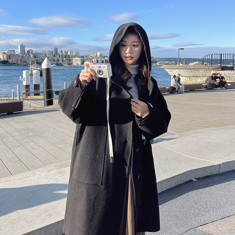 2023新款黑色连帽双面呢大衣2376-P290控388+,女装毛呢外套,浙宝268（原浙宝222）