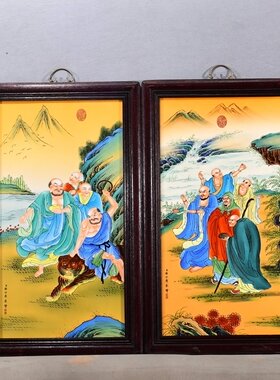 书房佛堂壁挂老件木框镶手绘珐琅彩瓷板画郎世宁十八罗汉挂板一组