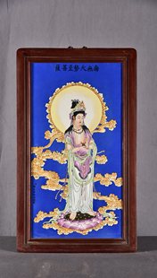 书房佛堂壁挂老件木框镶手绘瓷板画郎世宁作品大势至菩萨挂屏挂板