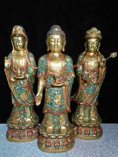 旧藏景泰蓝铜鎏金珐琅彩披十八罗汉袈裟西方三圣三尊供奉摆件