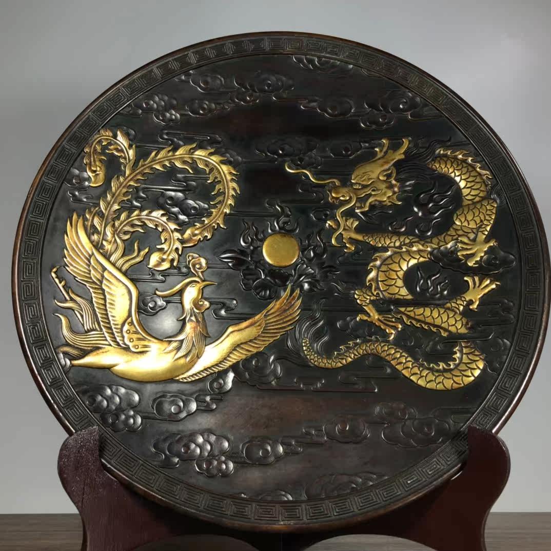 书房客厅摆放纯紫铜浮雕鎏金龙凤呈祥图富贵祥云纹大盘子摆件