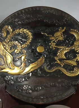 书房客厅摆放纯紫铜浮雕鎏金龙凤呈祥图富贵祥云纹大盘子摆件