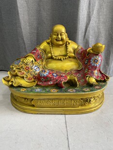独特收藏铜器摆件纯铜掐丝珐琅景泰蓝大肚布袋弥勒佛坐像摆件