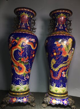 独特收藏纯铜厚胎景泰蓝蓝色掐丝珐琅彩龙凤呈祥大花瓶摆件一对