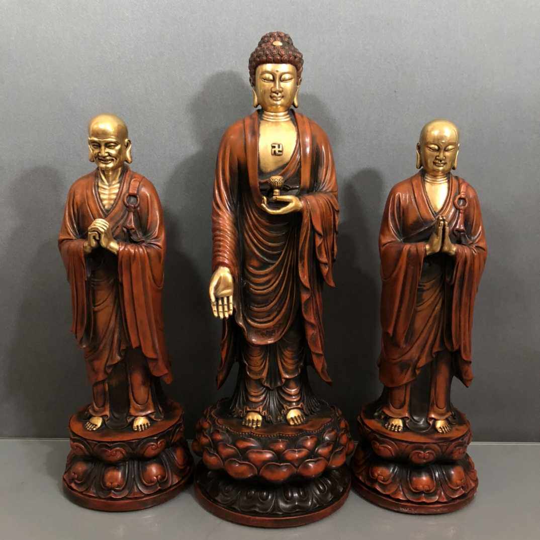 老件紫铜鎏金高公分46*39公分重约30公斤一佛二弟子供奉摆件一套