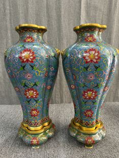 独特收藏景泰蓝掐丝珐琅高47厘米缠枝莲花带底座兽头花瓶一对