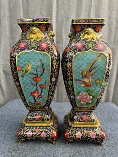 独特收藏景泰蓝掐丝珐琅高44*17厘米鸟语花香带底座四方花瓶一对