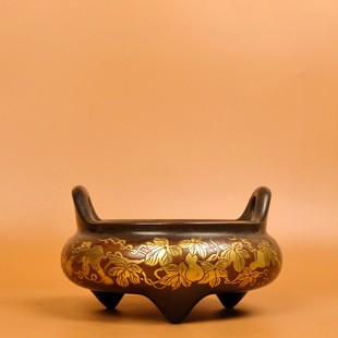 独特收藏紫铜雕花鎏金京造博古zhai子孙满堂冲耳三足香炉重3045克