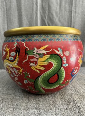独特收藏精品景泰蓝红色掐丝珐琅彩内外工云龙祥瑞九龙大缸炉摆件