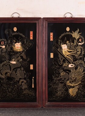 独特收藏老件木框黑底掐金丝瓷板画秦叔宝尉迟恭民间楼门挂板一对