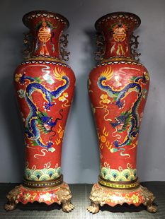 独特收藏纯铜景泰蓝红色掐丝珐琅带底座龙凤呈祥大花瓶一对12公斤