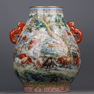 书房客厅乾隆年制款手绘珐琅彩骏马图如意福筒尊抱月尊瓶大摆件