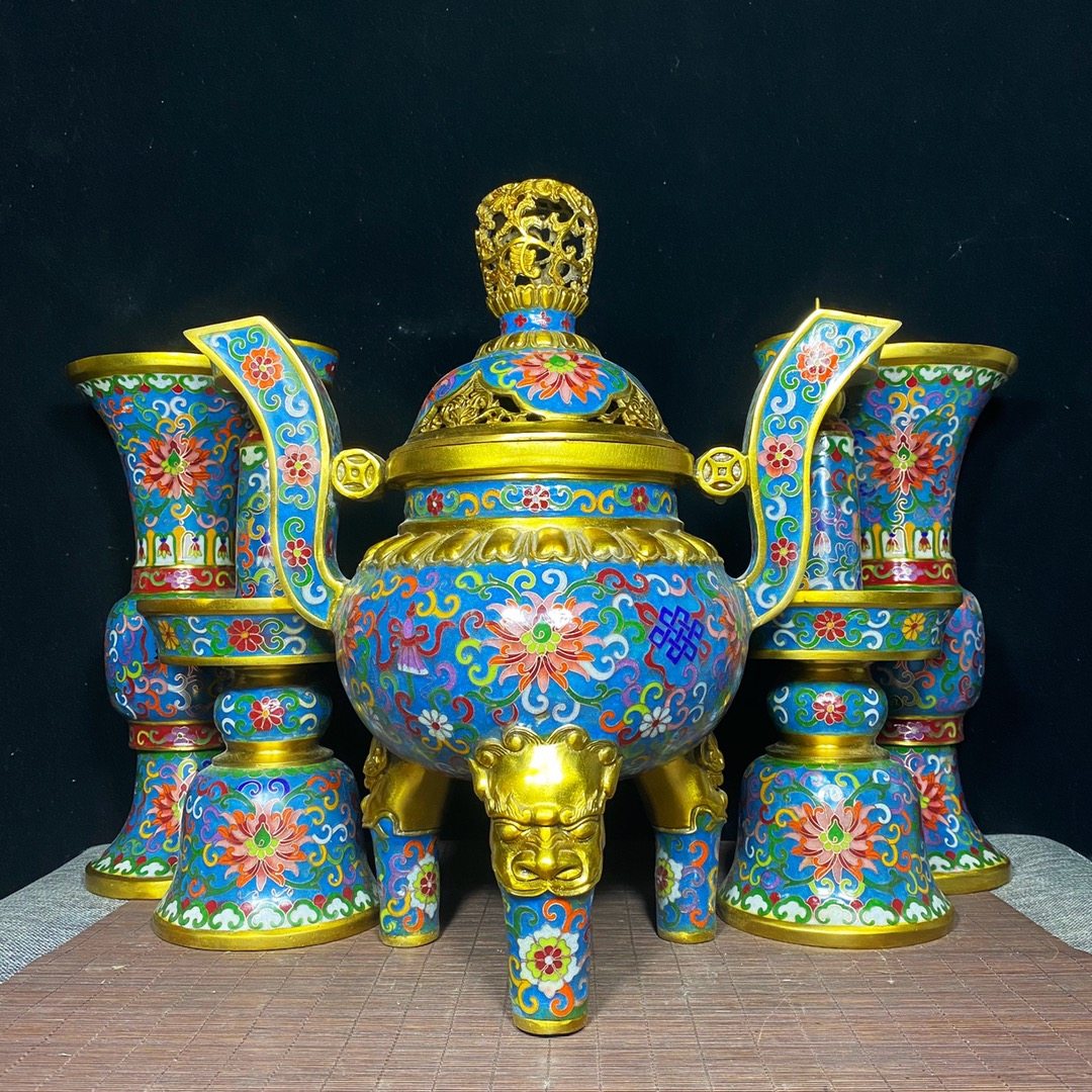 独特收藏景泰蓝浅蓝色掐丝珐琅富贵满堂佛前五供摆件一套重15千克