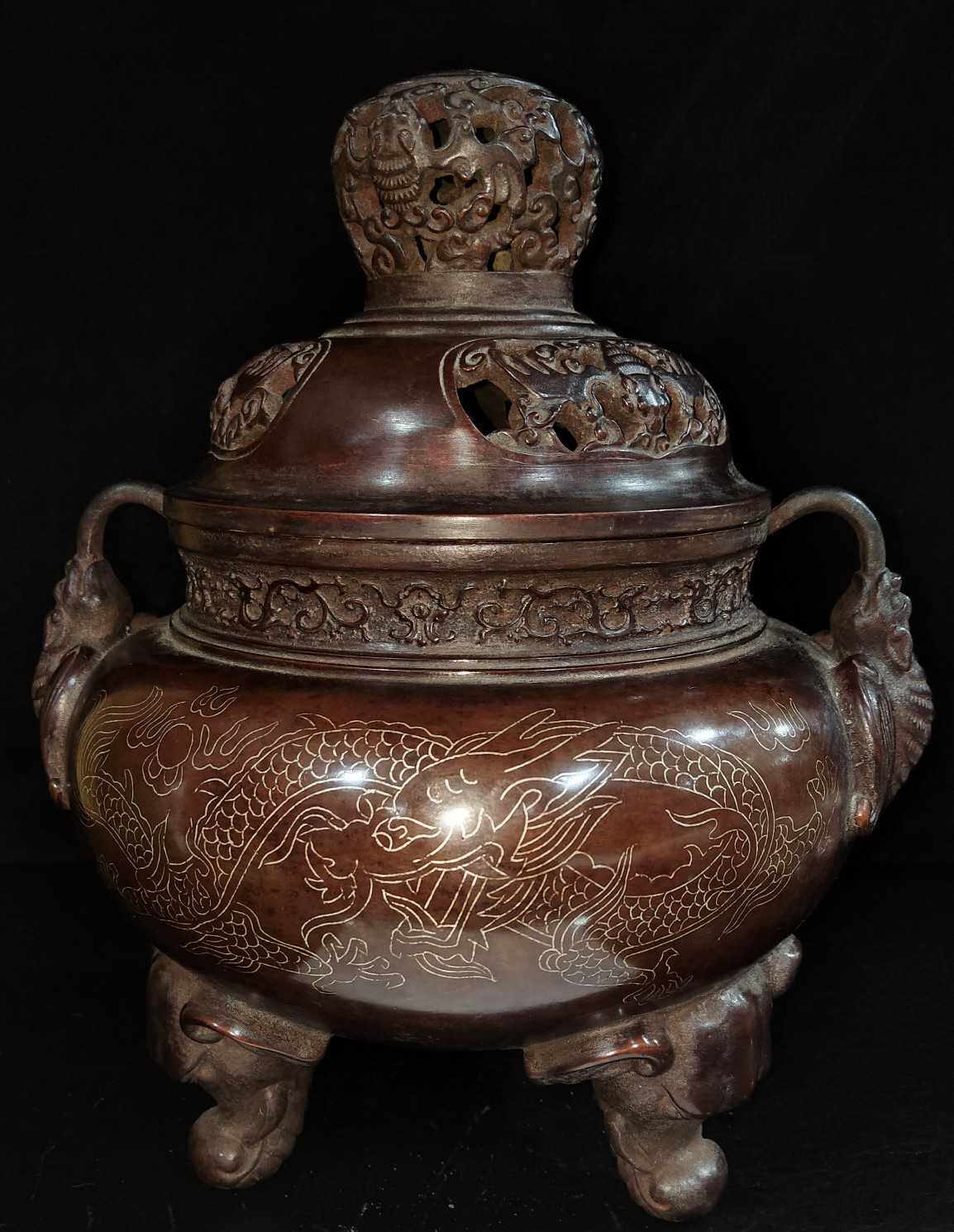 老件紫铜精工掐银丝云龙祥瑞龙珠盖蝙蝠耳象首三足大薰香炉摆件