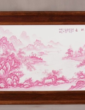 老件花梨木框胭脂红釉瓷片瓷板画汪野亭作溪山秋色中堂横挂板
