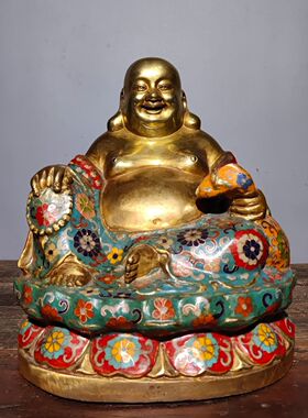 独特收藏纯铜景泰蓝掐丝珐琅彩莲花宝座笑口常开大肚弥勒佛像摆件