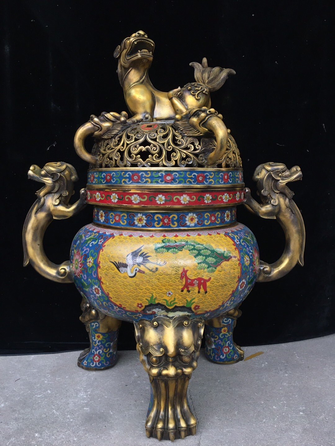 独特收藏纯铜景泰蓝掐丝珐琅福禄寿纹兽盖双耳三足大薰香炉摆件