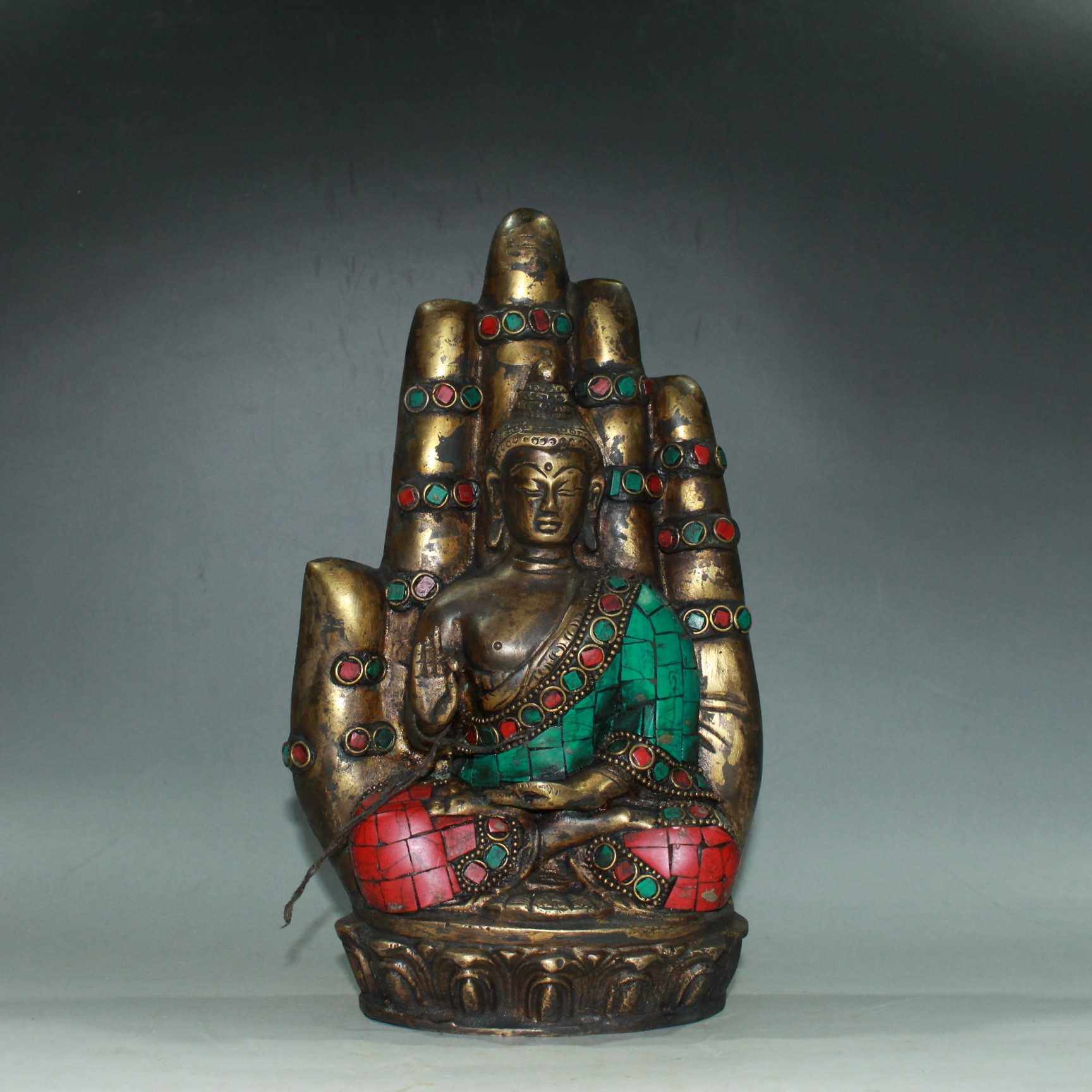 佛像收藏老铜嵌绿松八宝石高23*14*7公分2500克五指佛手造像摆件