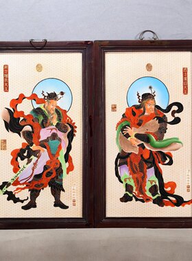 书房佛堂壁挂老件木框镶手绘珐琅彩瓷板画郎世宁四大金刚挂板一组