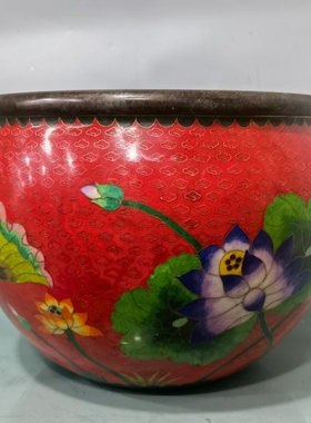 独特收藏纯铜景泰蓝红色珐琅彩莲花富贵高洁荷叶莲花大香炉缸摆件