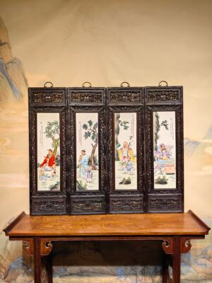 中堂壁挂王大凡作品红木镶瓷板画粉彩福禄寿喜四条挂屏挂板摆件
