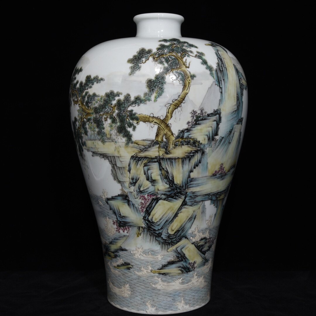 书房客厅摆放雍正年制款景德镇粉彩瓷福山寿海纹大梅瓶摆件