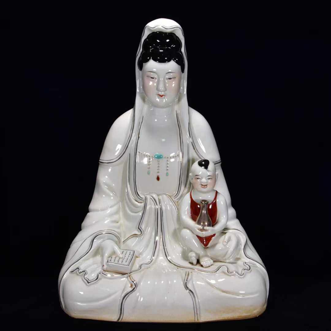 书房佛堂供奉景德镇瓷雕手绘粉彩描金抱童子送子观音菩萨大摆件