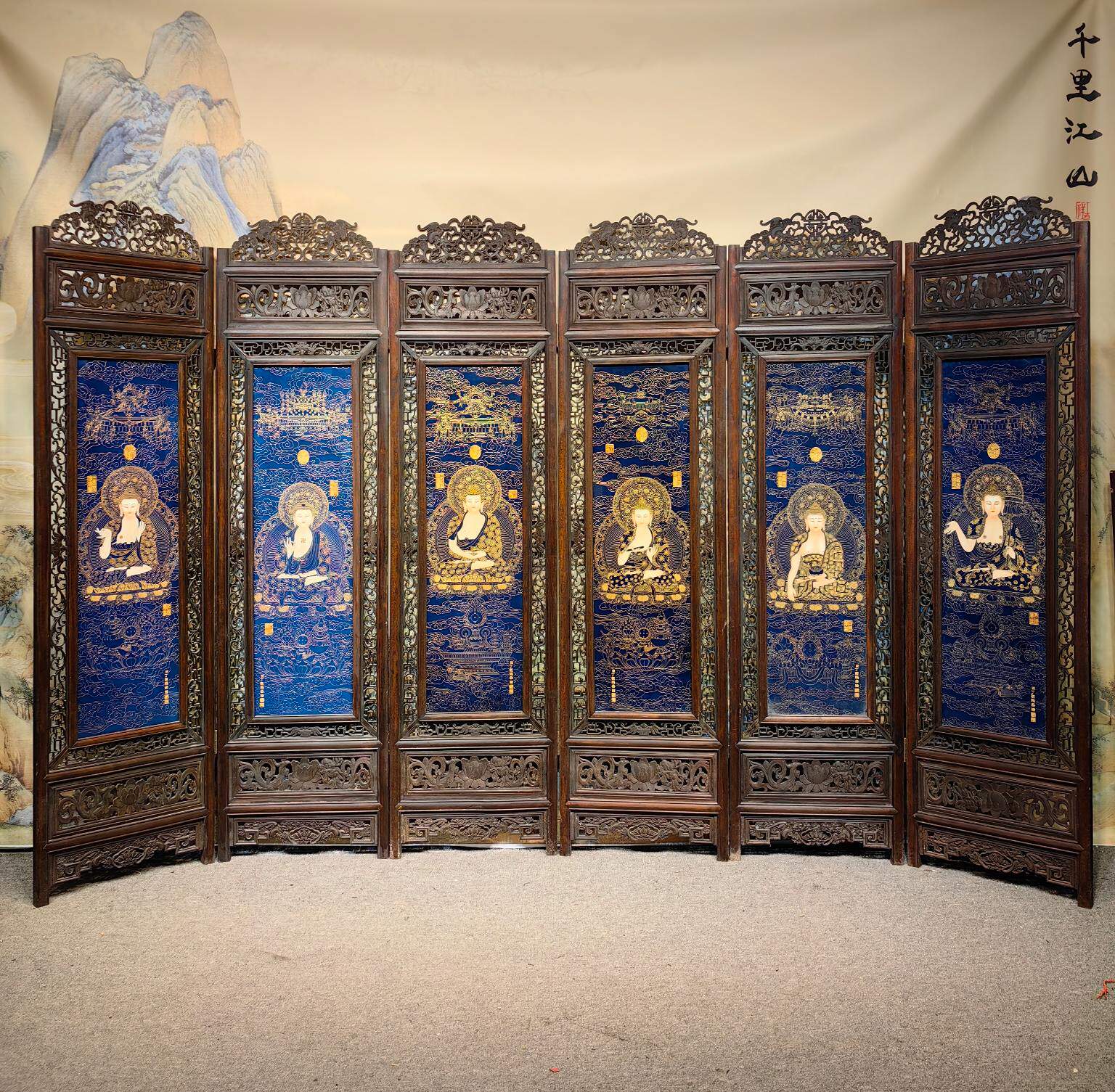 丁观鹏作品老件木框镶瓷板画掐丝珐琅彩唐卡佛像六扇折叠屏风一套