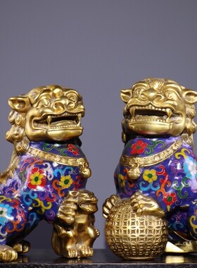 独特收藏纯铜景泰蓝蓝色掐丝珐琅吉祥喜庆瑞兽门狮一对5500克，