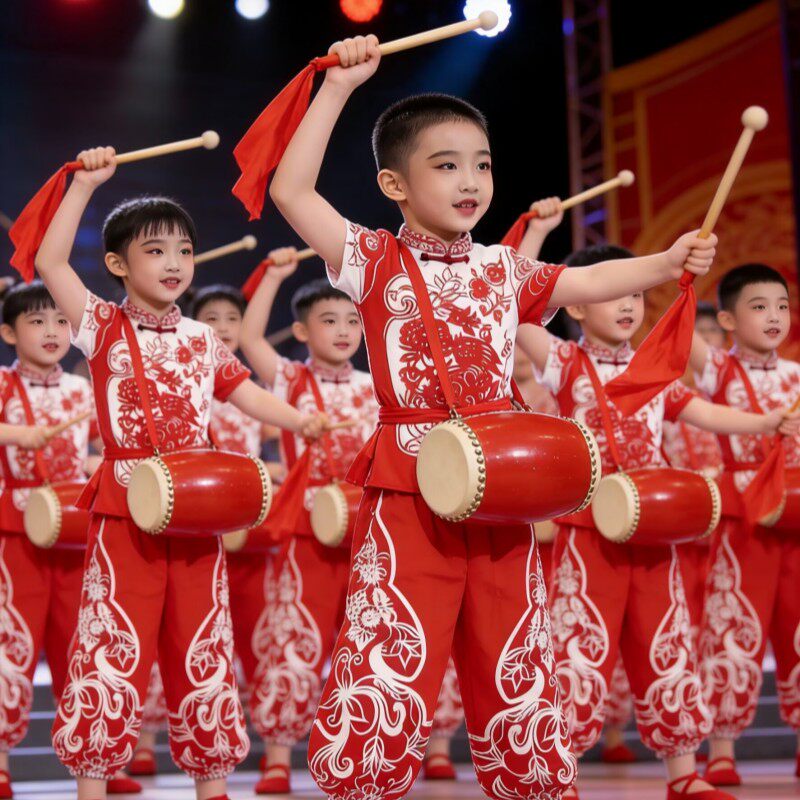 儿童安塞腰鼓服装陕西北民歌风剪纸表演服小学生秧歌打鼓舞蹈服饰