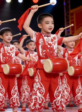 儿童安塞腰鼓服装陕西北民歌风剪纸表演服小学生秧歌打鼓舞蹈服饰