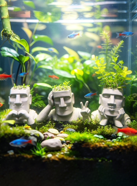 3d打印创意个性造景石像家居人头雕像鱼缸水草定植篮装饰物