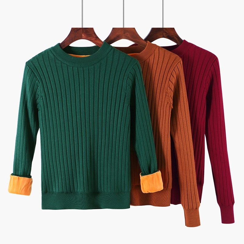 2023秋冬新品丝光棉坑条圆领全身加绒打底衫保暖毛衣针织女装上衣
