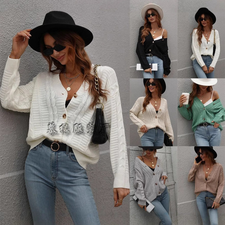 2022秋冬新款欧美跨境纽扣女装宽松纯色扭绳针织开衫女外贸毛衣女