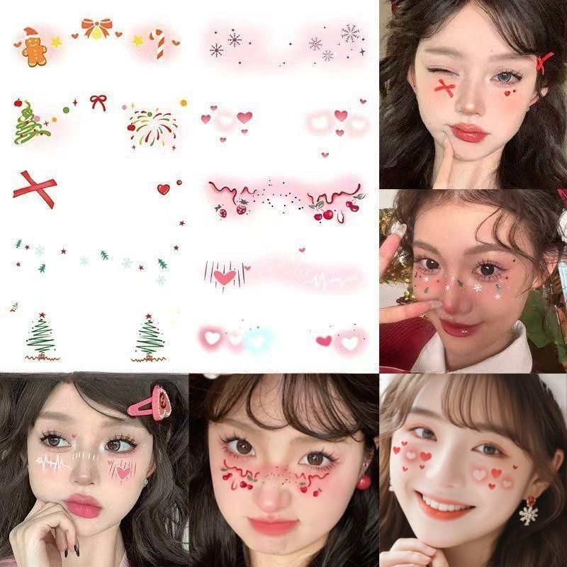 新款圣诞节妆容脸贴纹身贴纸甜心少女氛围感蝴蝶结腮红妆COS派对
