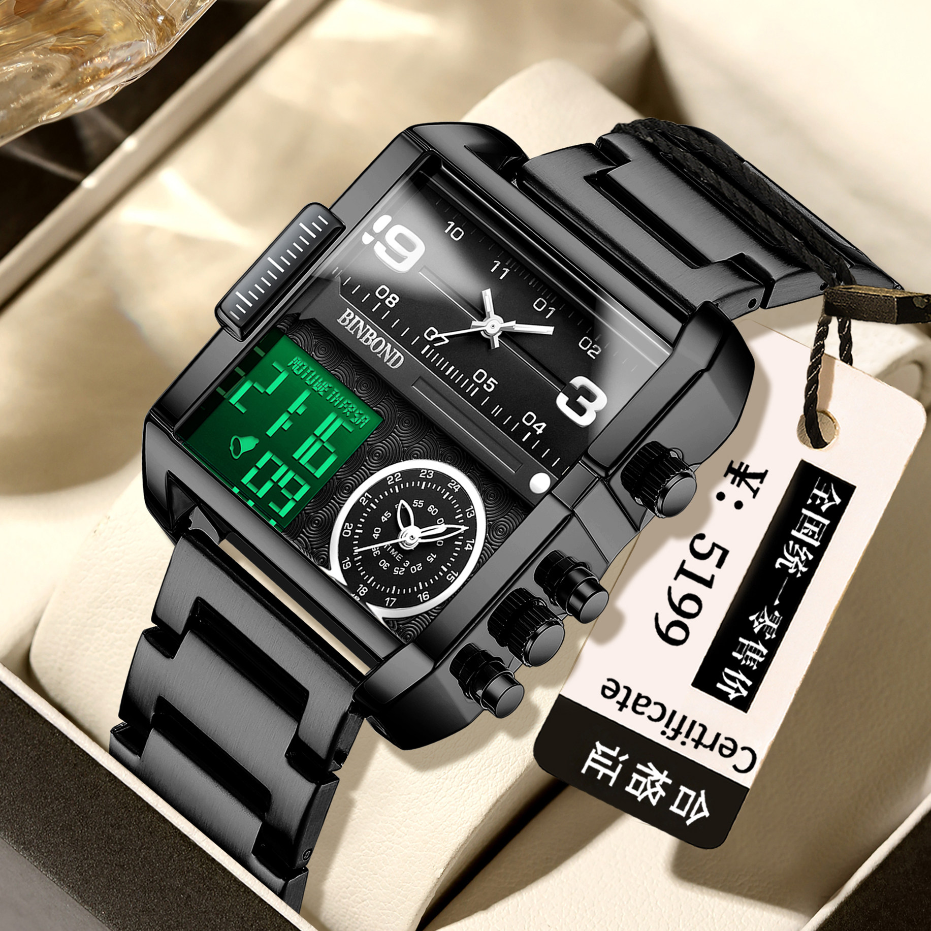宾邦男士手表防水时尚商务多功能夜光日历电子手表男款夜光石英表
