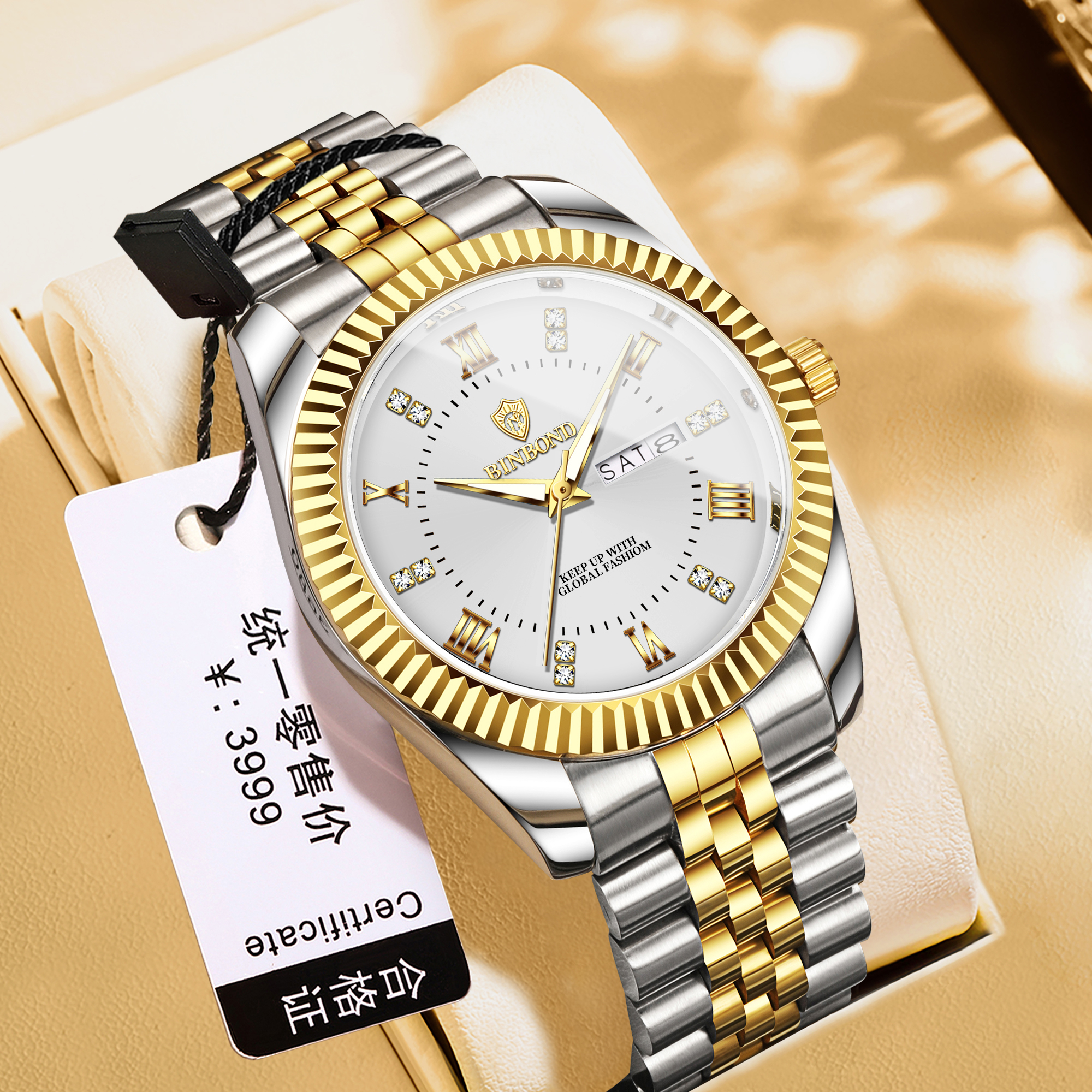 男士防水双日历夜光石英表